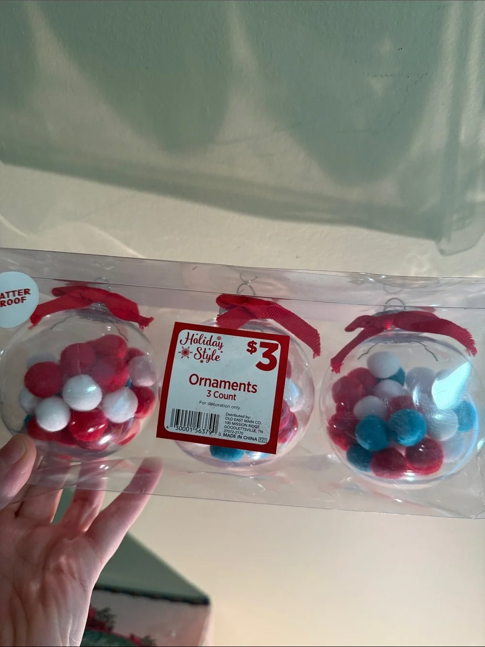 Pom-Pom Fillable Ornaments (Red, White, Blue) - 3 Pack